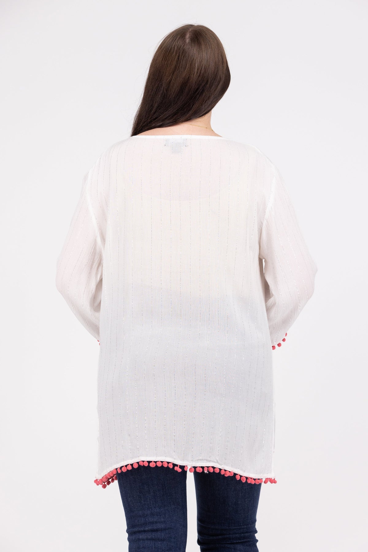 Take a Chance Women's Embroidered Pom Pom Long Sleeve Top