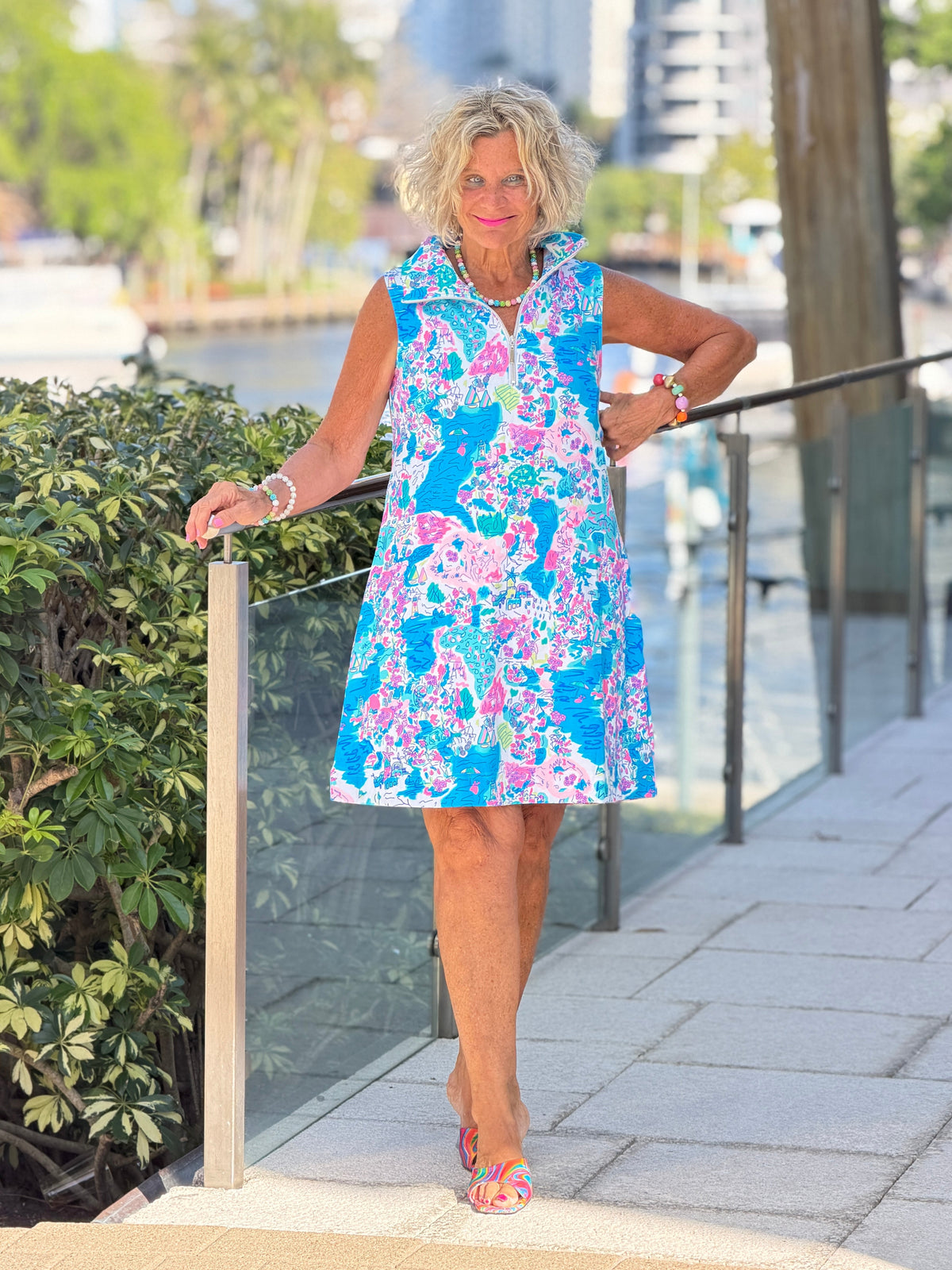 LULU B PALM BEACH SPLASH HALF ZIPPER DRESS