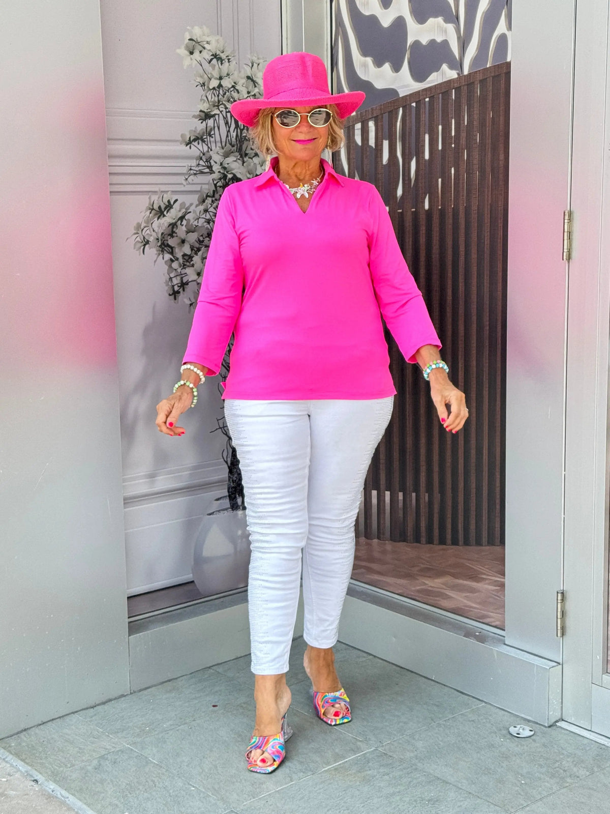 LULU-B SOLID HOT PINK COLLAR SLEEVE TOP