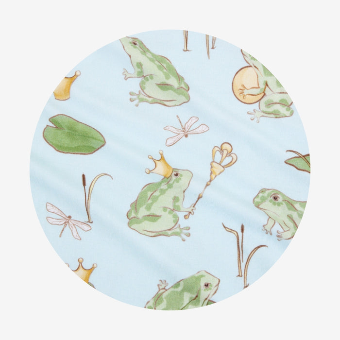 round fabric swatch of blue bamboo viscose with frog prince print