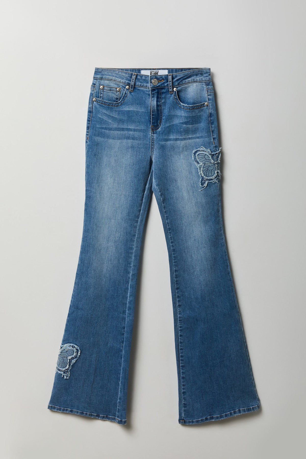 Stretch High Rise Butterfly Patch Flare Jean 22"