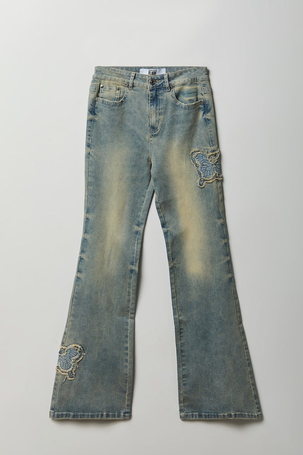 Stretch High Rise Butterfly Patch Flare Jean 22"