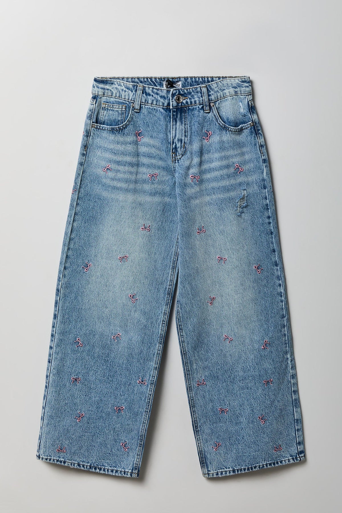 Low Rise Bow Embroidered Baggy Denim Jean