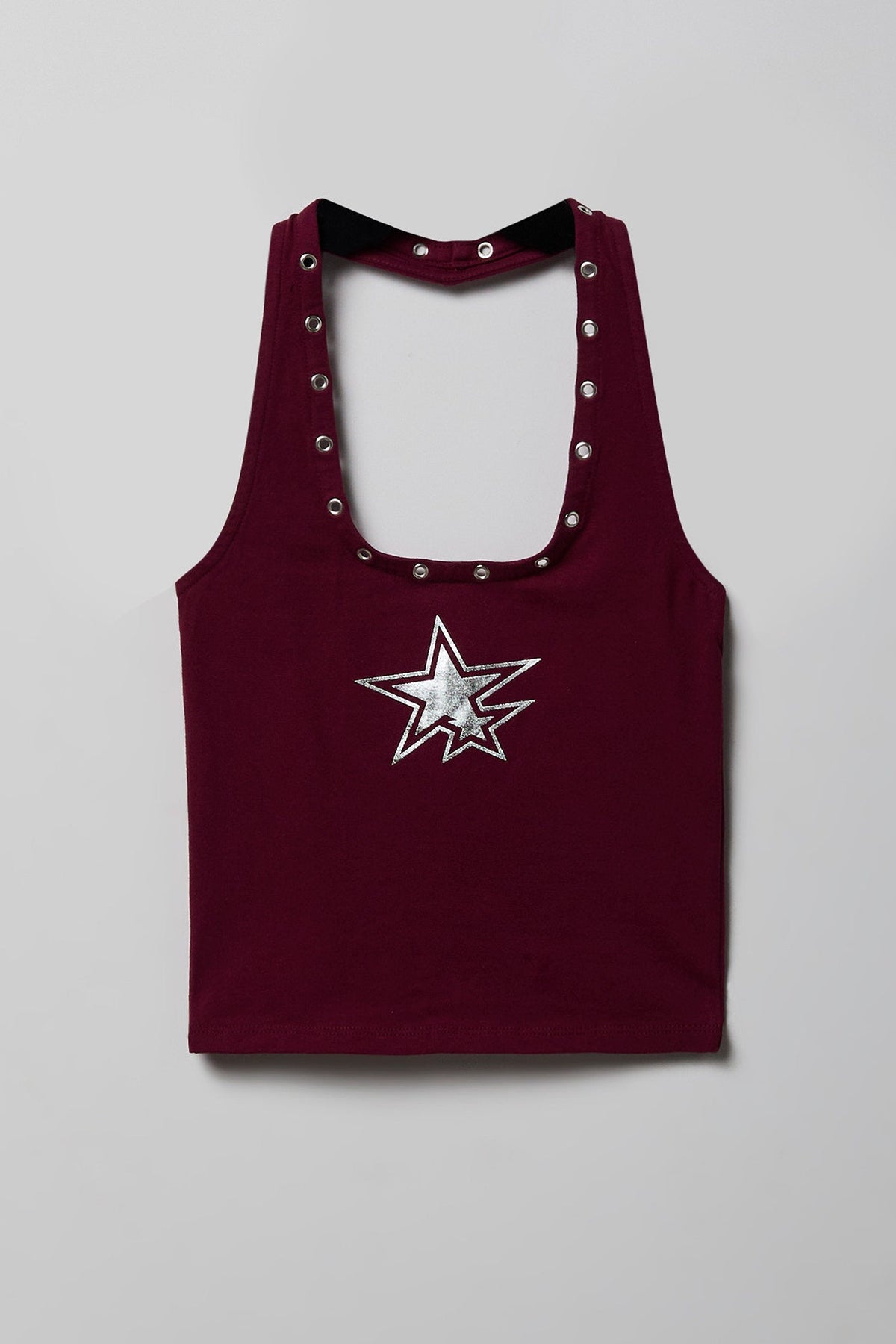 Graphic Grommet Trim Halter Top
