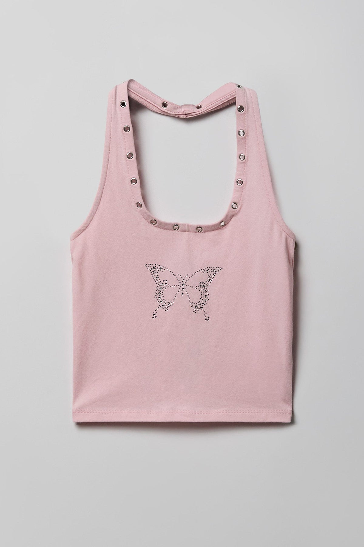 Graphic Grommet Trim Halter Top