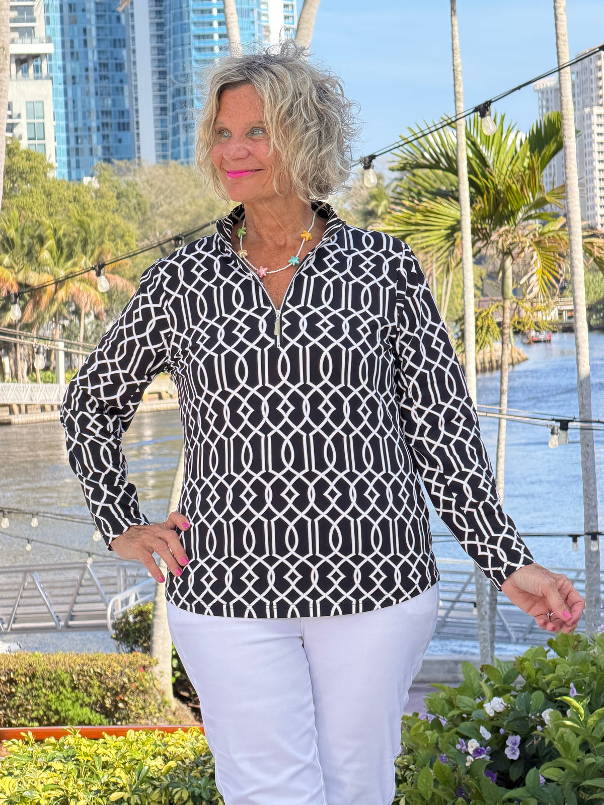 LULU B MIDNIGHT TRELLIS HALF ZIPPER TOP