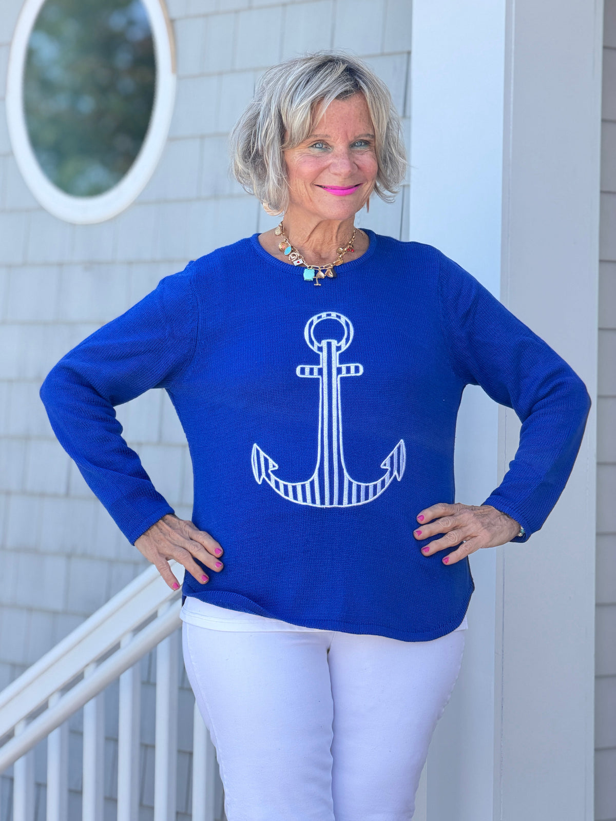 DOCKSIDE NAUTICAL COBALT STRIPE ANCHOR SWEATER
