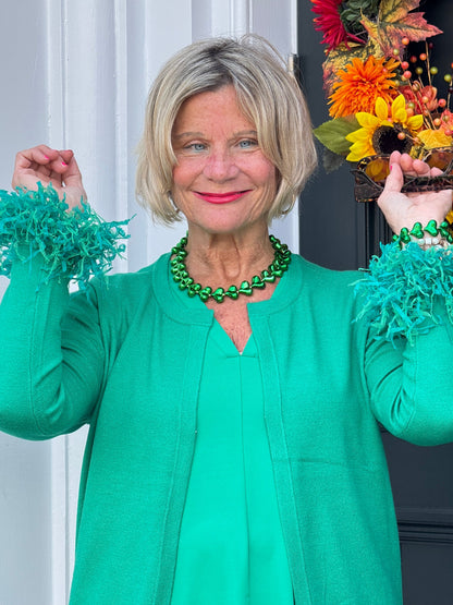 LULU-B EMERALD CASHMERE FRINGE FANCY CARDIGAN