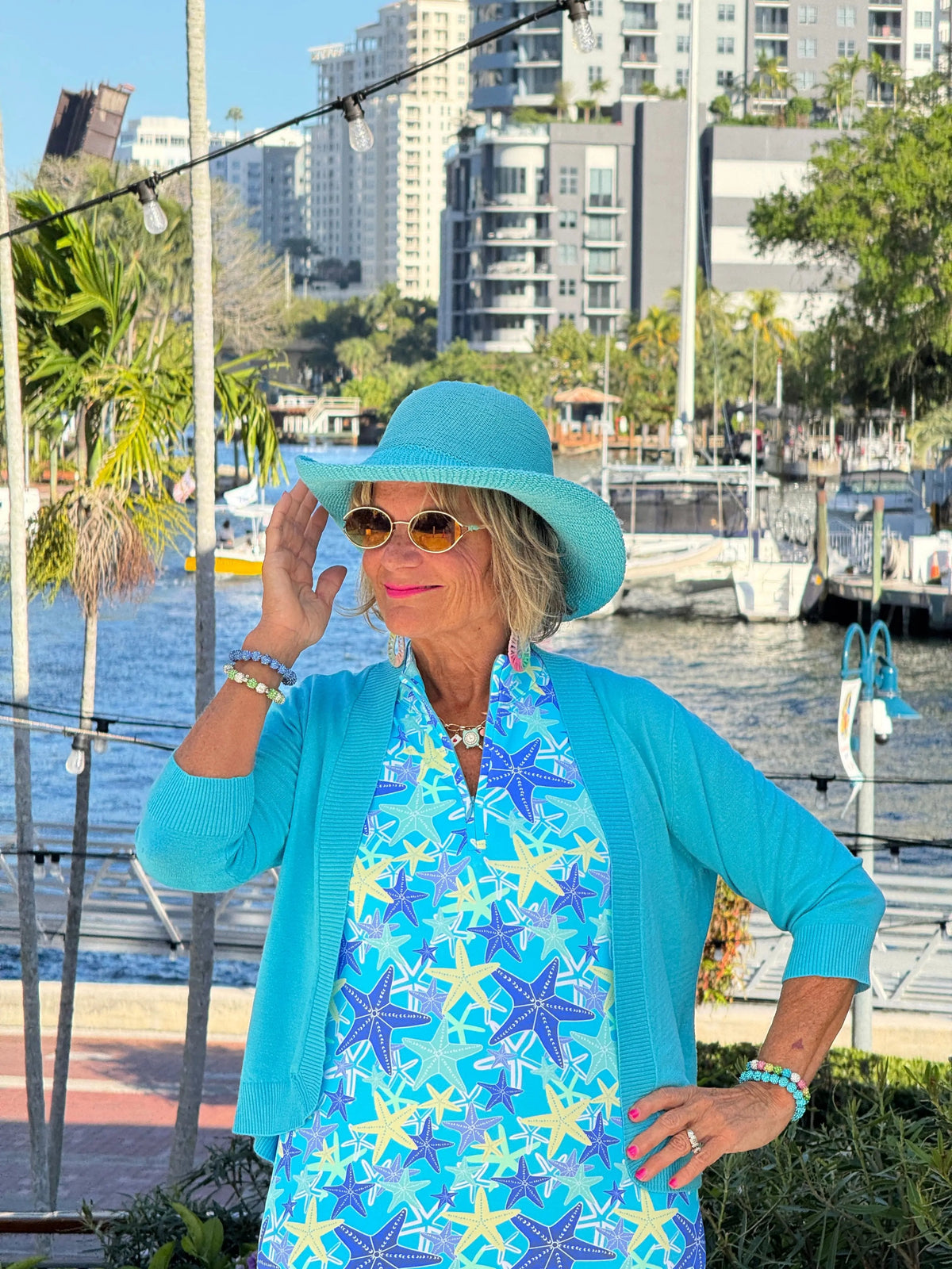 LULU B STARFISH SPLASH MIDI SLEEVELESS 1/4 ZIP MAXI DRESS