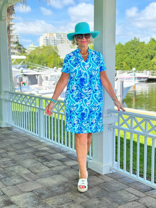 BLUE DREAMING HEARTS SHORT SLEEVE DRESS