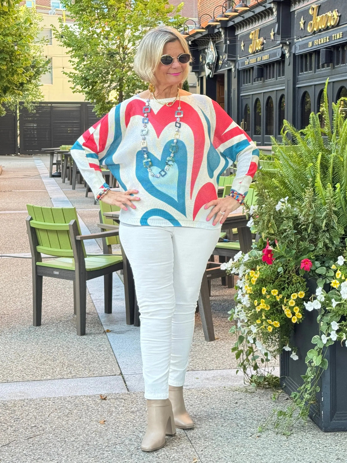 Beige Heart Round Knit Printed Sweater