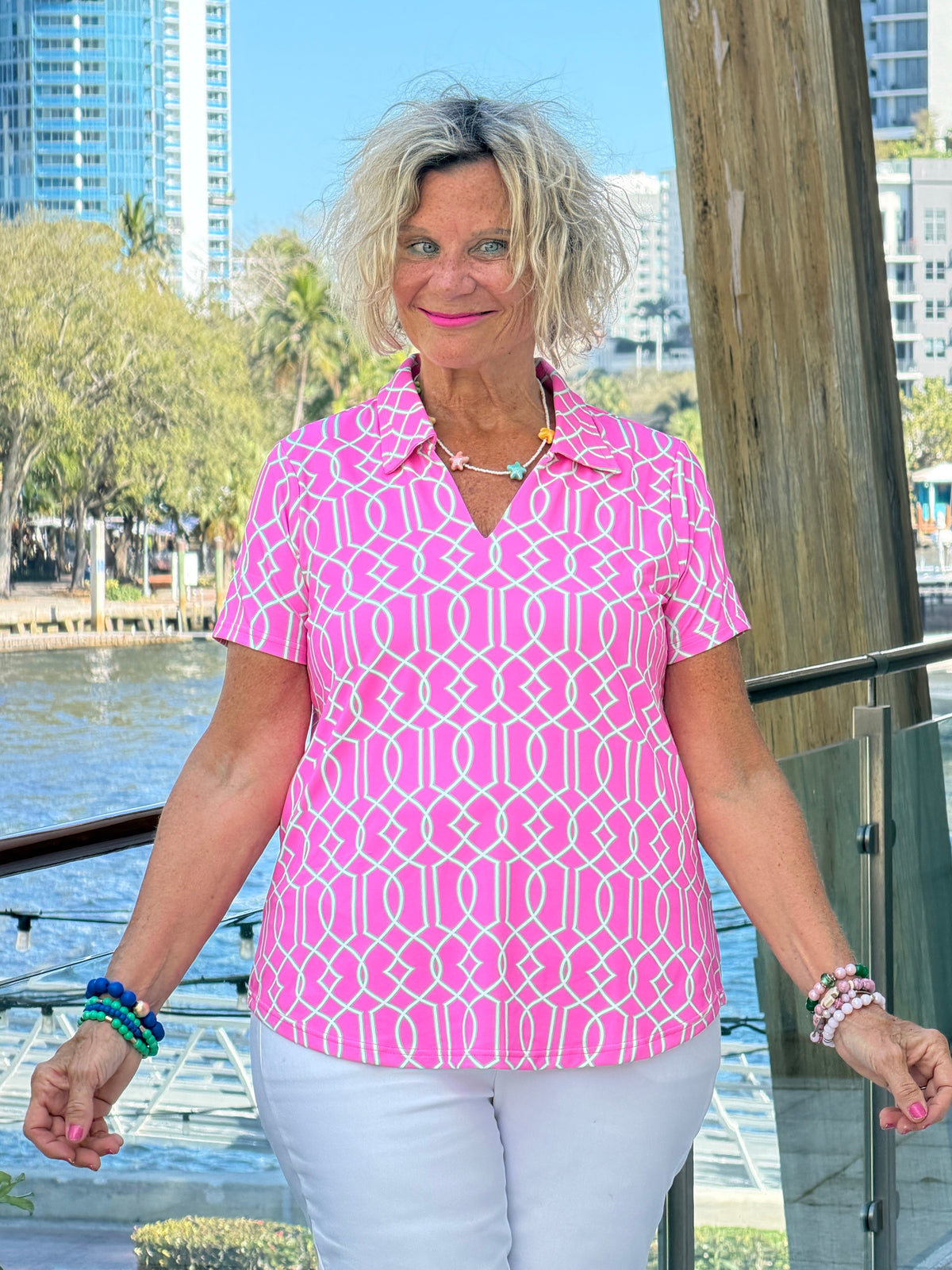 LULU B PALM BEACH LATTIC COLLAR SHORT SLEEVE
