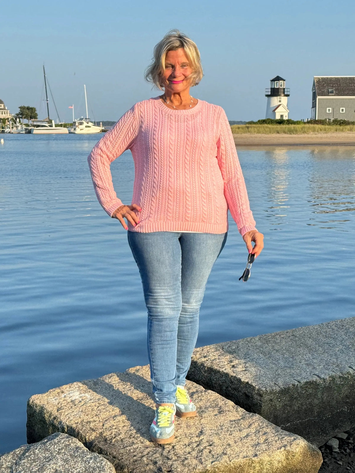 Cable-Knit Cotton PINK CREW Neck Sweater