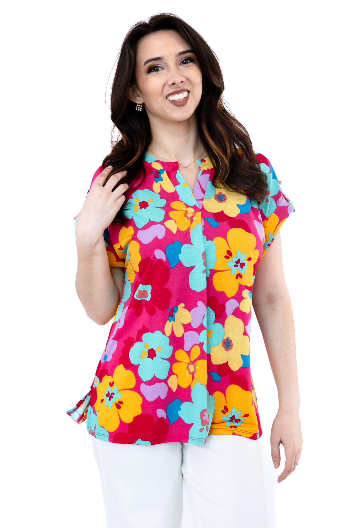 Women's Patterned Split Neckline Short Sleeve Top