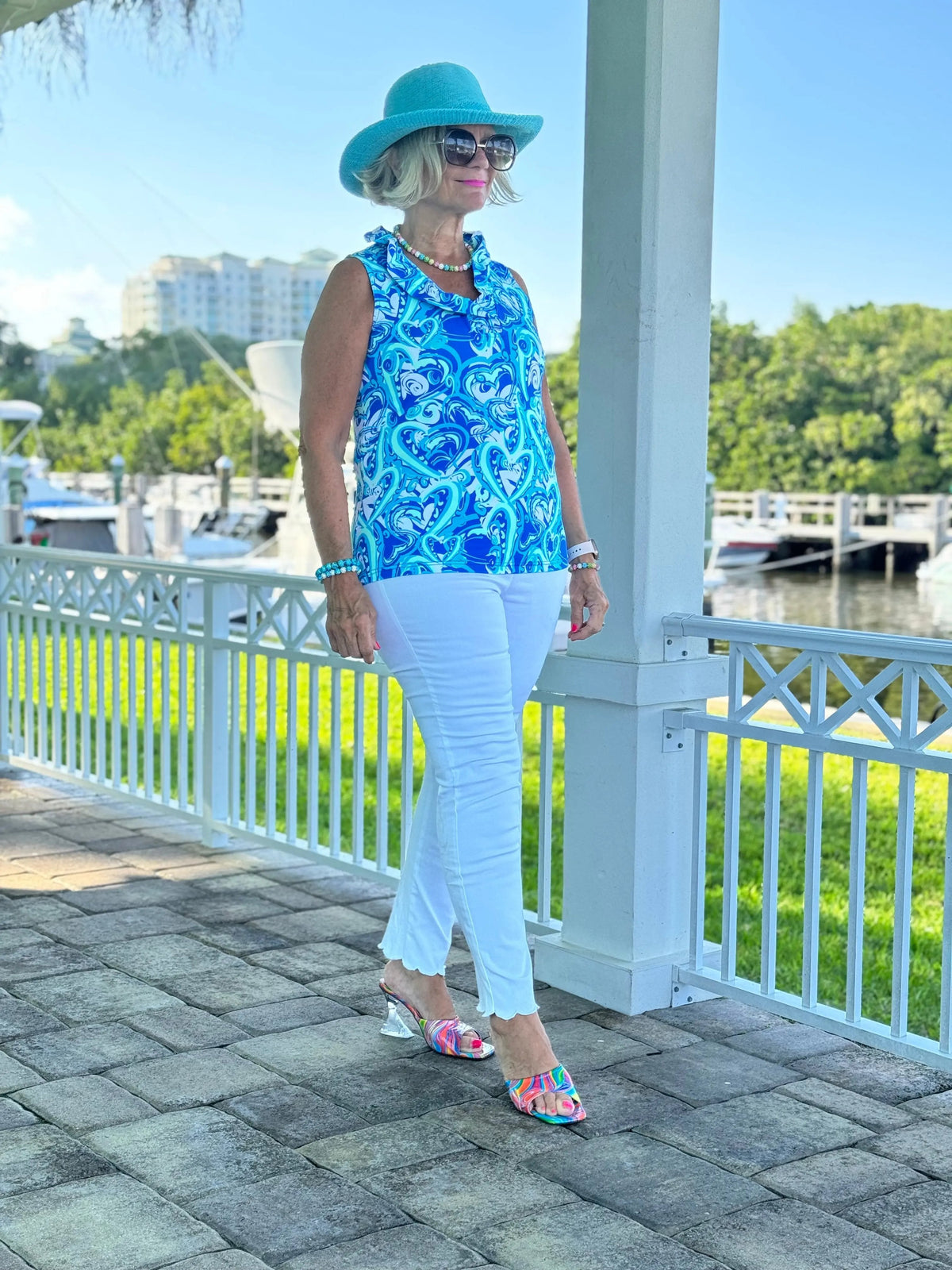 BLUE DREAMING HEARTS SLEEVELESS RUFFLE TOP