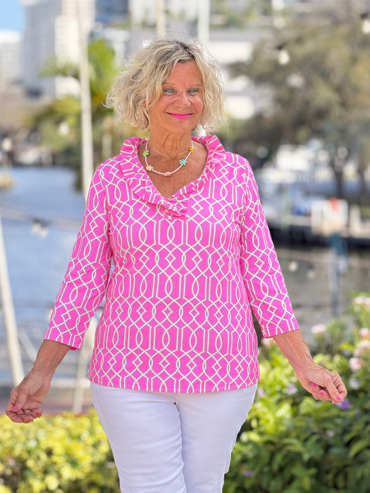 LULU B PALM BEACH LATTICE RUFFLE SLEEVE TOP