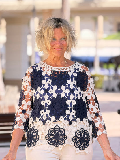 Cotton Crochet Flower Top- MARINE NAVY