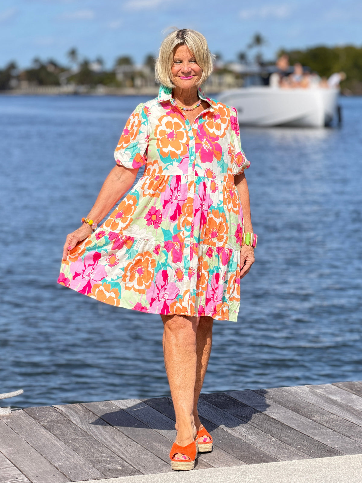 Fashion-W Floral Short Sleeve Buttoned Babydoll BOHO Dress