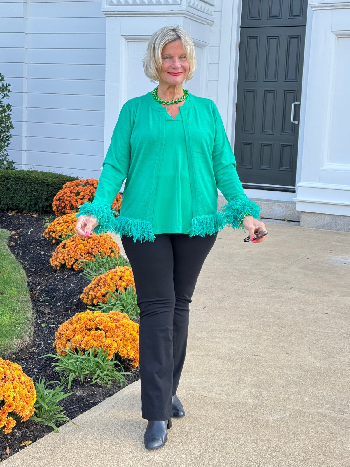 LULU-B EMERALD CASHMERE FRINGE FANCY CARDIGAN