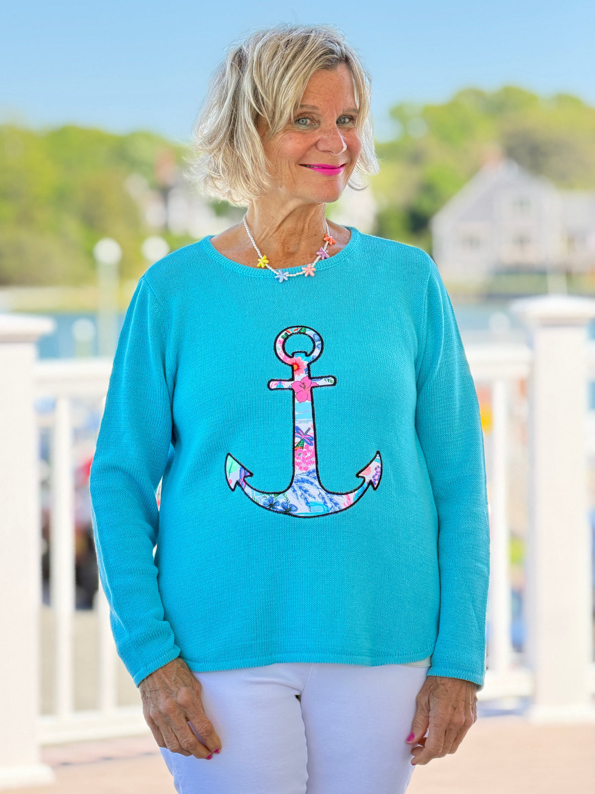 BEACH CLUB AQUA CAPE COD ANCHOR SWEATER