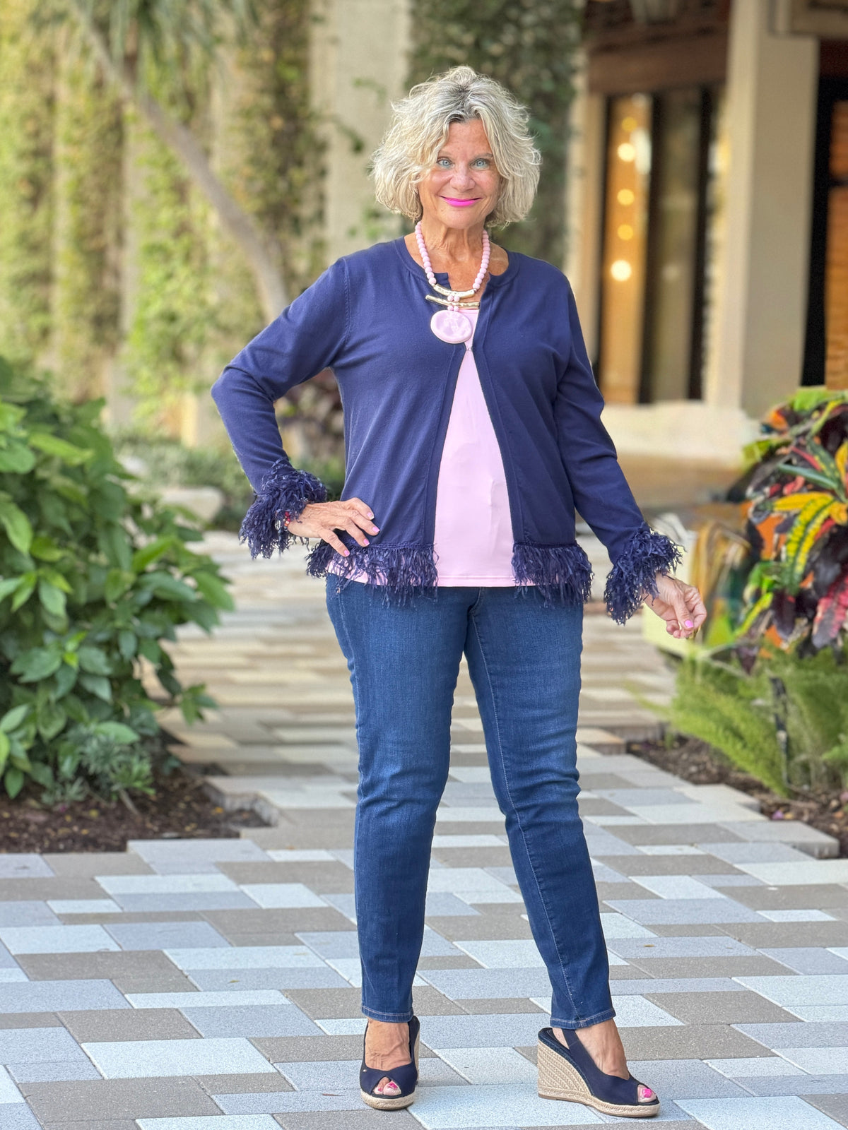 LULU-B NAVY CASHMERE FRINGE FANCY CARDIGAN