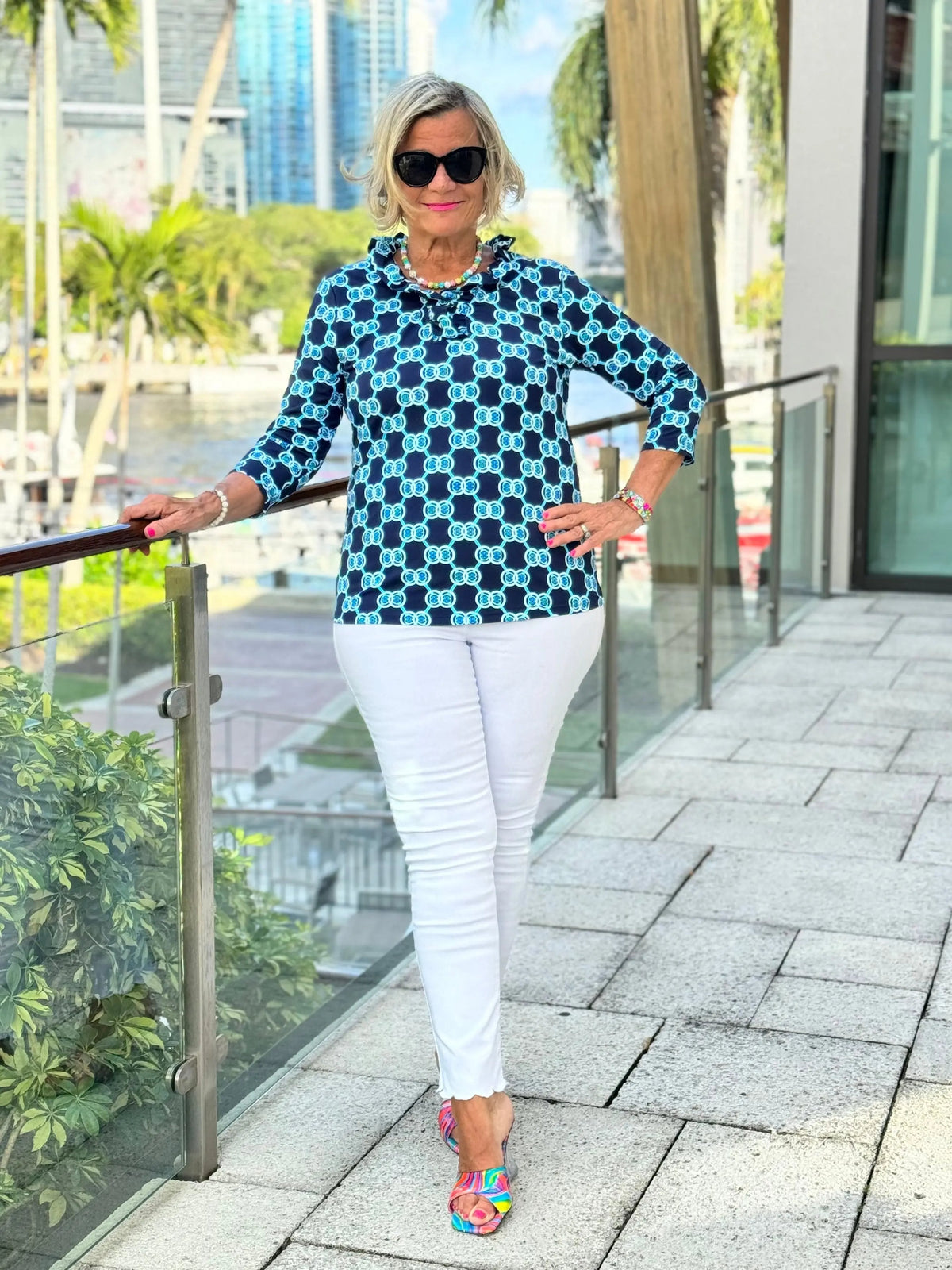 BLUE MEDALLION RUFFLE SLEEVE TOP
