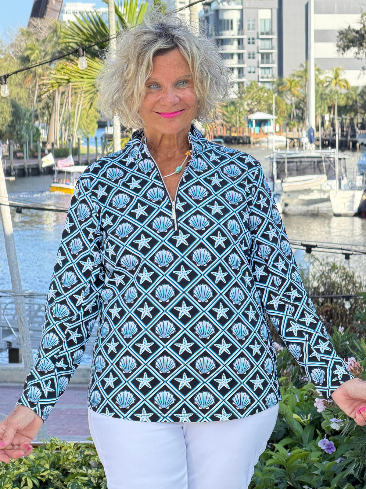 LULU B OCEAN TREASURES HALF ZIPPER TOP