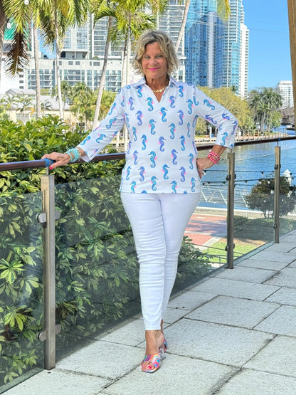 LULU B SHORELINE CHARM 3/4 SLEEVE V-NECK COLLAR SHIRT