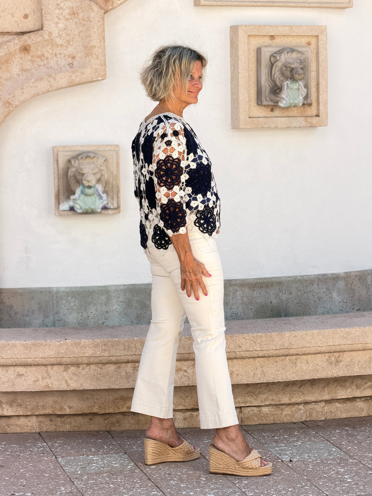Cotton Crochet Flower Top- MARINE NAVY