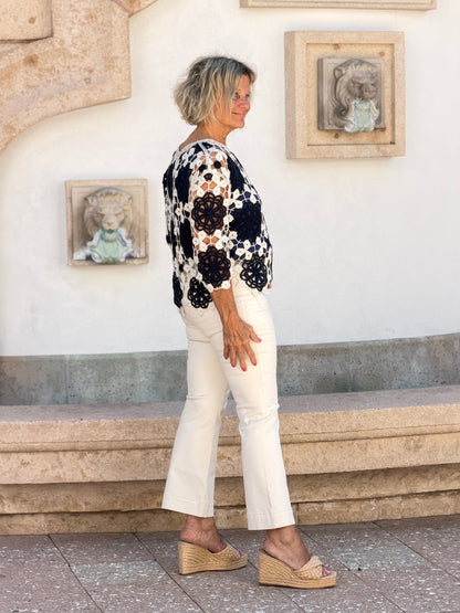Cotton Crochet Flower Top- MARINE NAVY