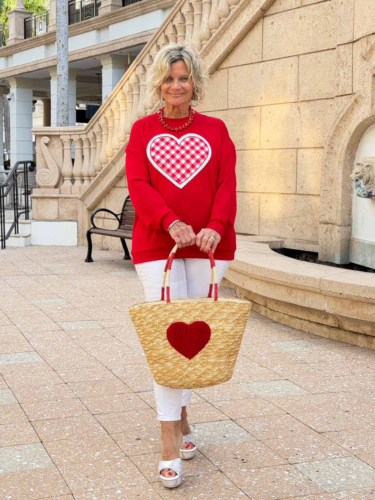 Faux Straw Heart Tote BAg
