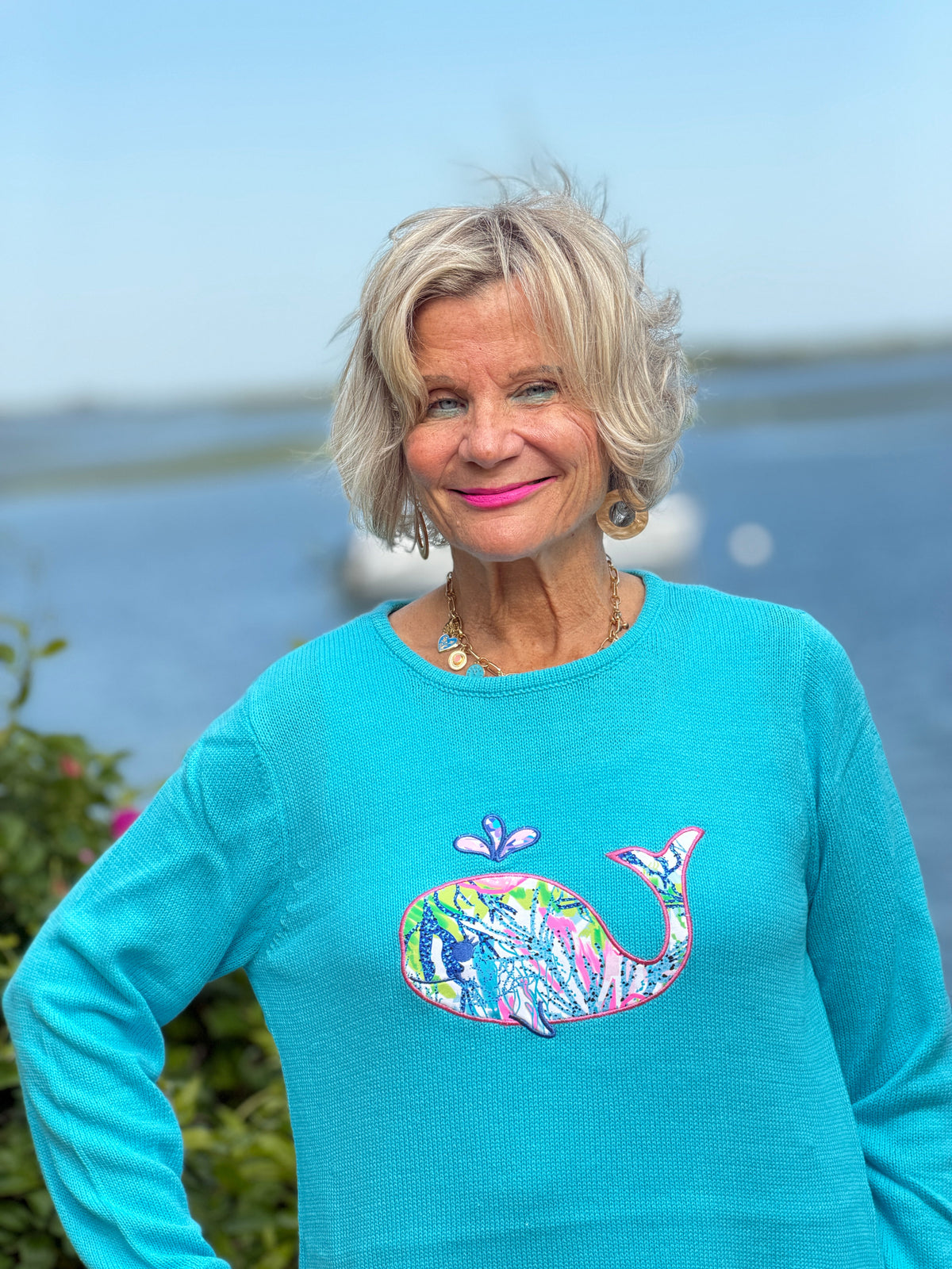 BEACH CLUB AQUA WHALE SWEATER