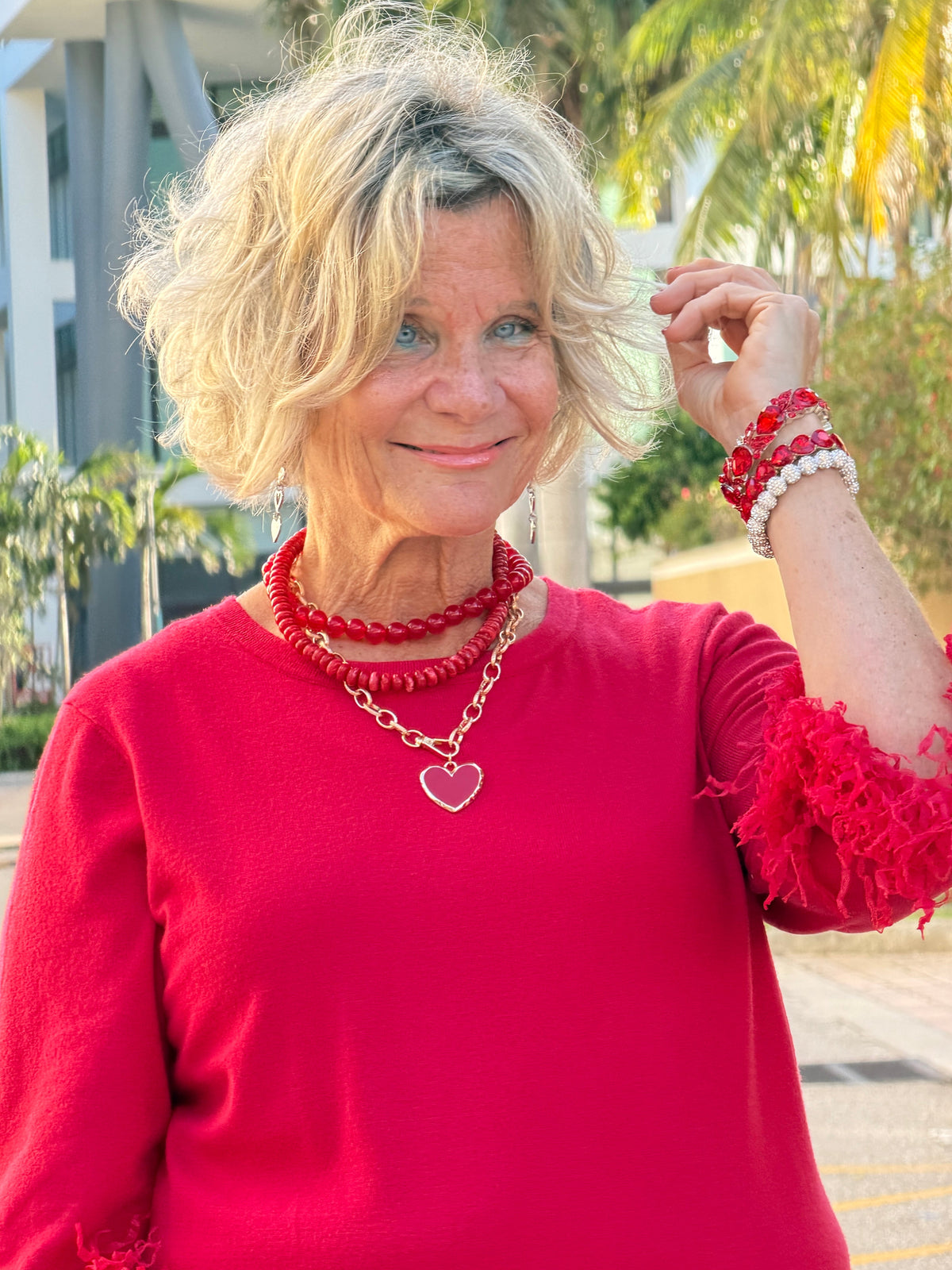 Enamel Heart Pendant Accent Chunky Beaded Layered Statement Necklace