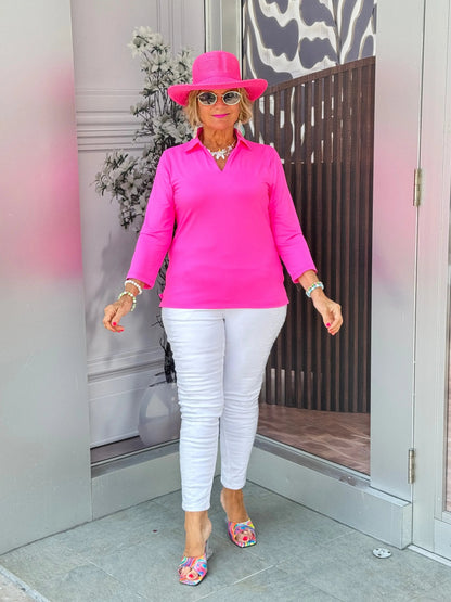 LULU-B SOLID HOT PINK COLLAR SLEEVE TOP