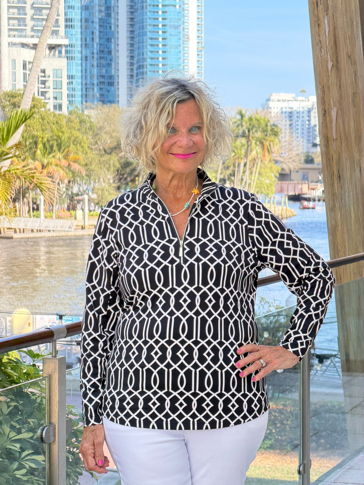 LULU B MIDNIGHT TRELLIS HALF ZIPPER TOP