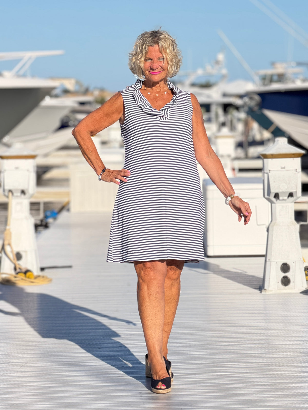 DOCKSIDE NAVY SLEEVELESS RUFFLE DRESS