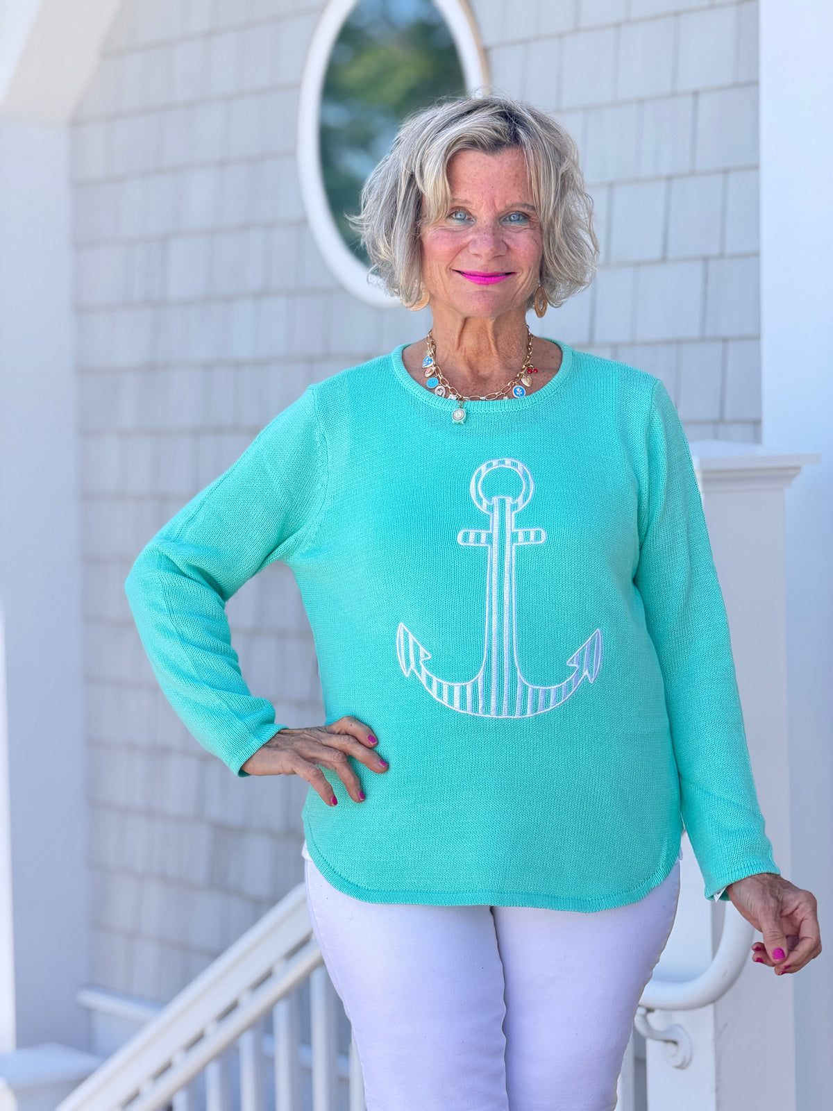 DOCKSIDE NAUTICAL SEAFOAM NAUTICAL STRIPE SWEATER
