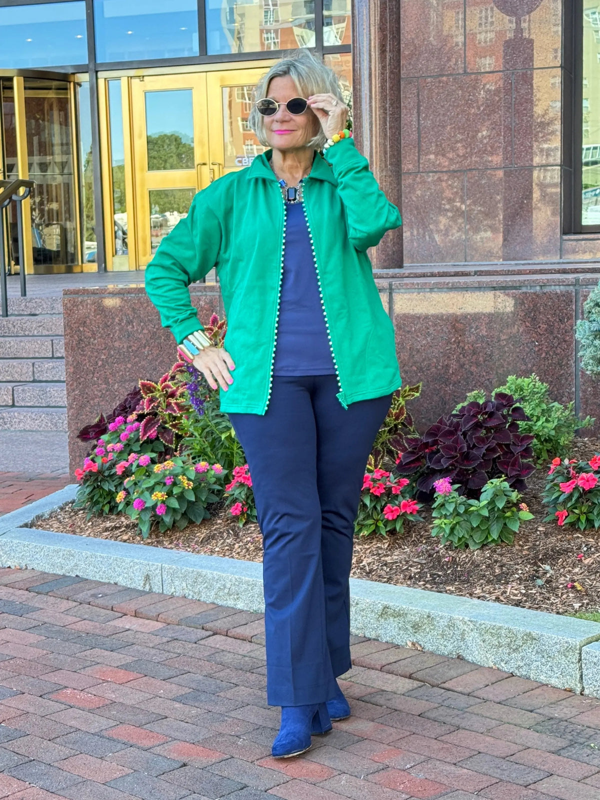 Crystal Zipper Cardigan with Collar Kelly Green