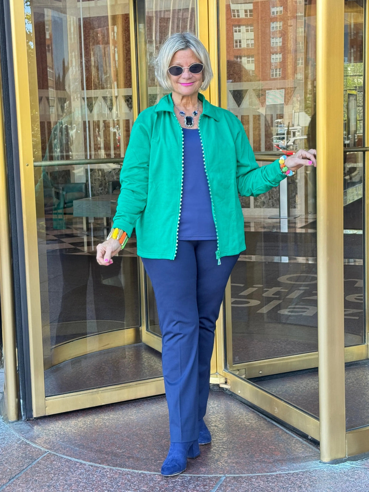 Crystal Zipper Cardigan with Collar Kelly Green