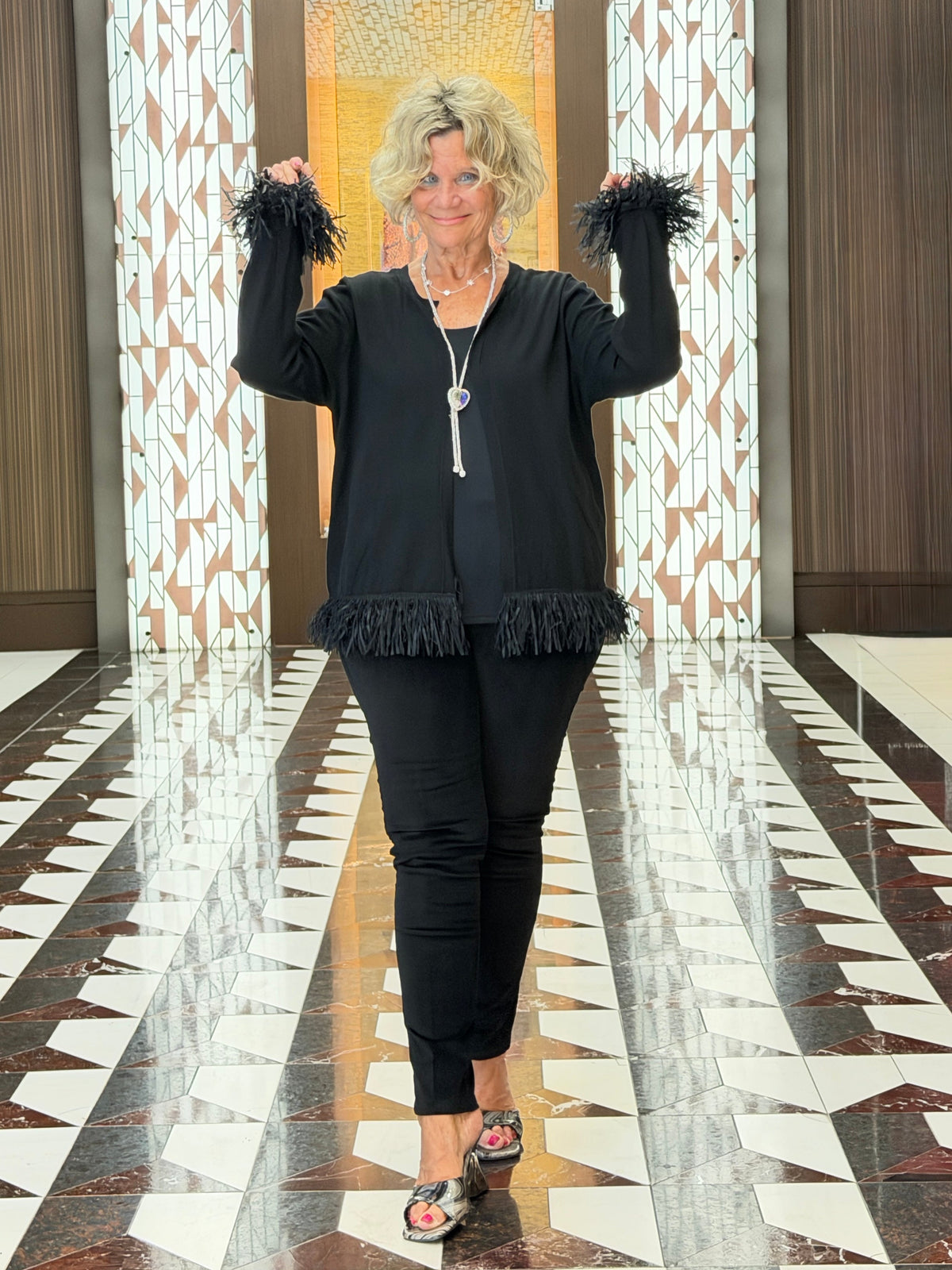 LULU-B  BLACK CASHMERE FRINGE FANCY CARDIGAN