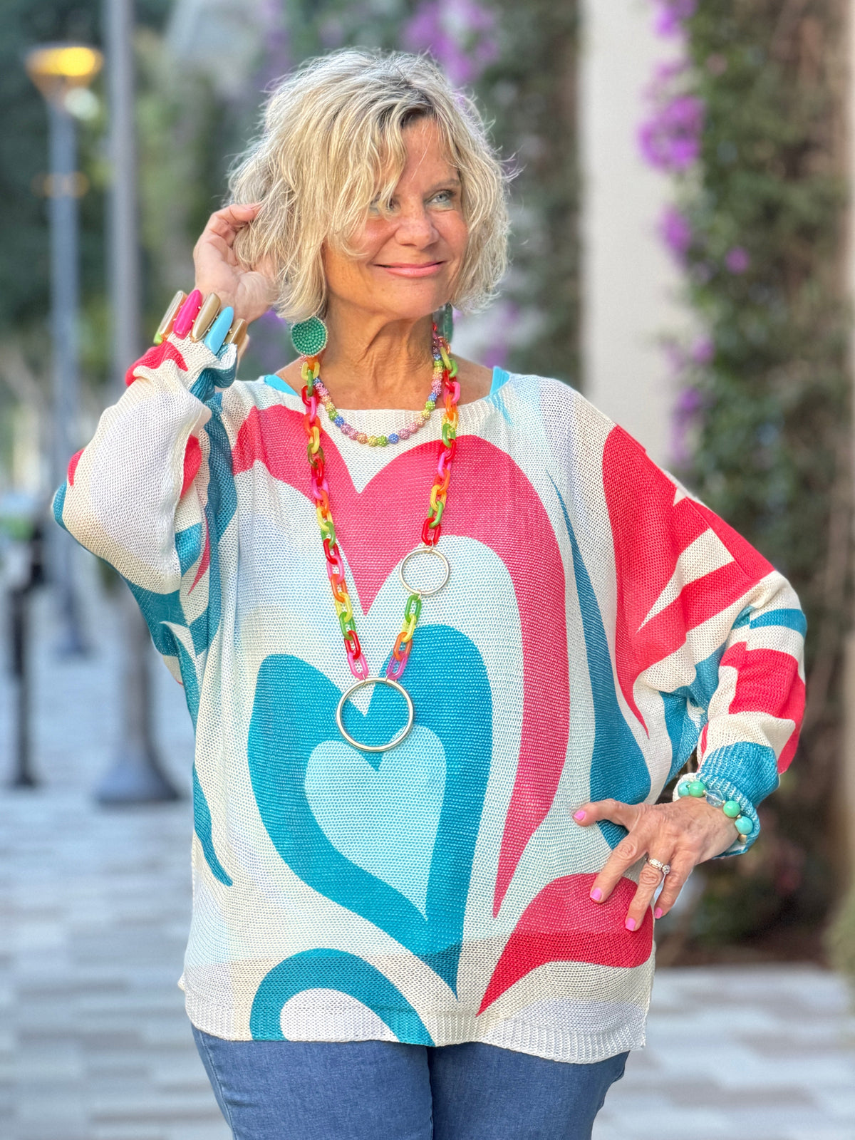 Beige Heart Round Knit Printed Sweater