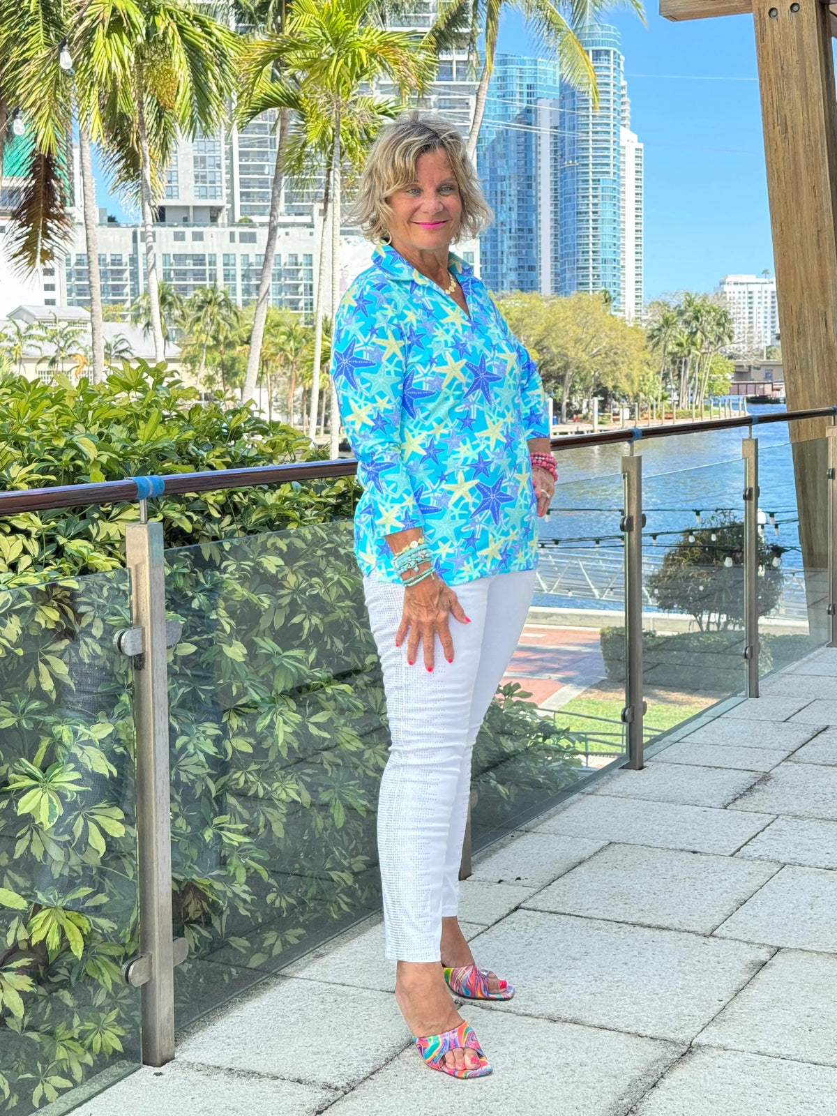 LULU B STARFISH SPLASH 3/4 SLEEVE V-NECK COLLAR SHIRT