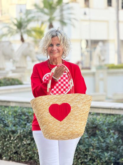 Faux Straw Heart Tote BAg