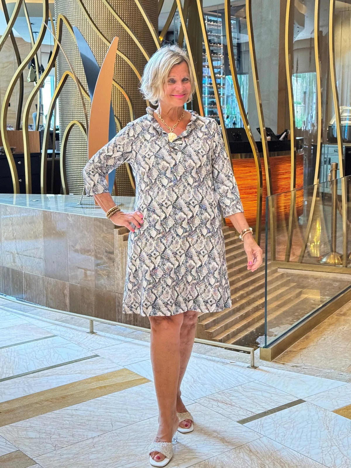 HOLIDAY WINTER WHITE RUFFLE SLEEVE DRESS
