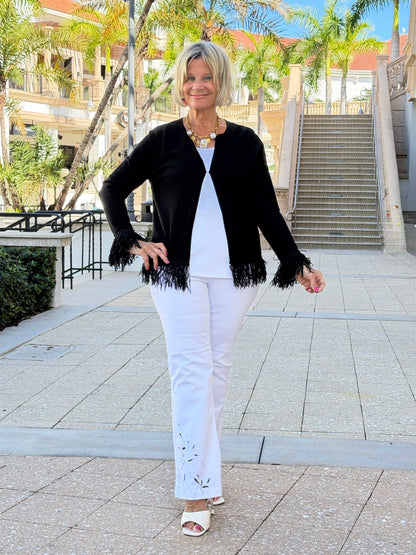 LULU-B  BLACK CASHMERE FRINGE FANCY CARDIGAN