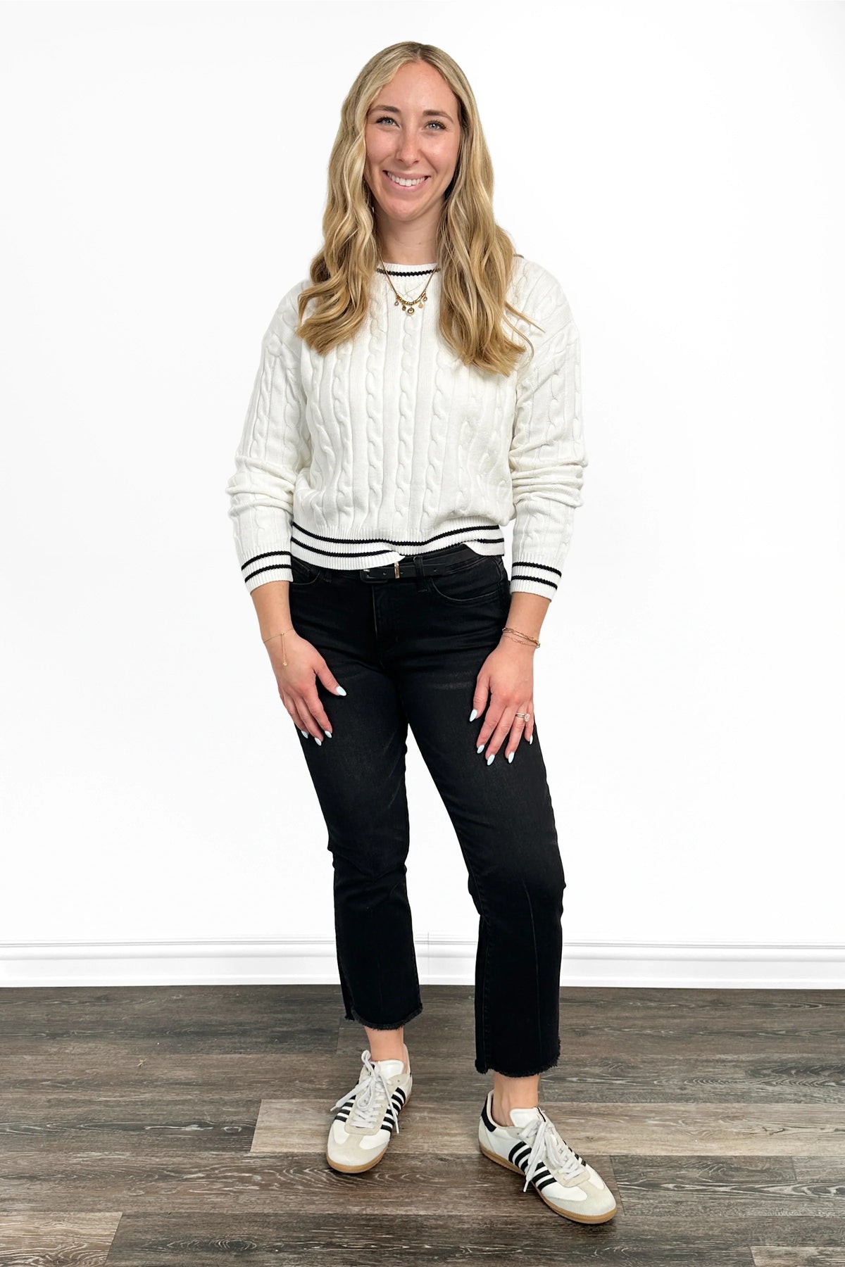 Women's Cable Knit Contrast Trim Crew Neck Sweater by Ava Lane