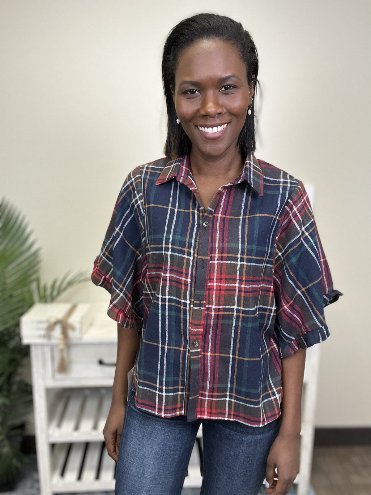 Making Plans Women's Plaid Button Down Short Sleeve Top