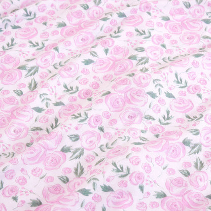 Rose printed fabric swatch close up