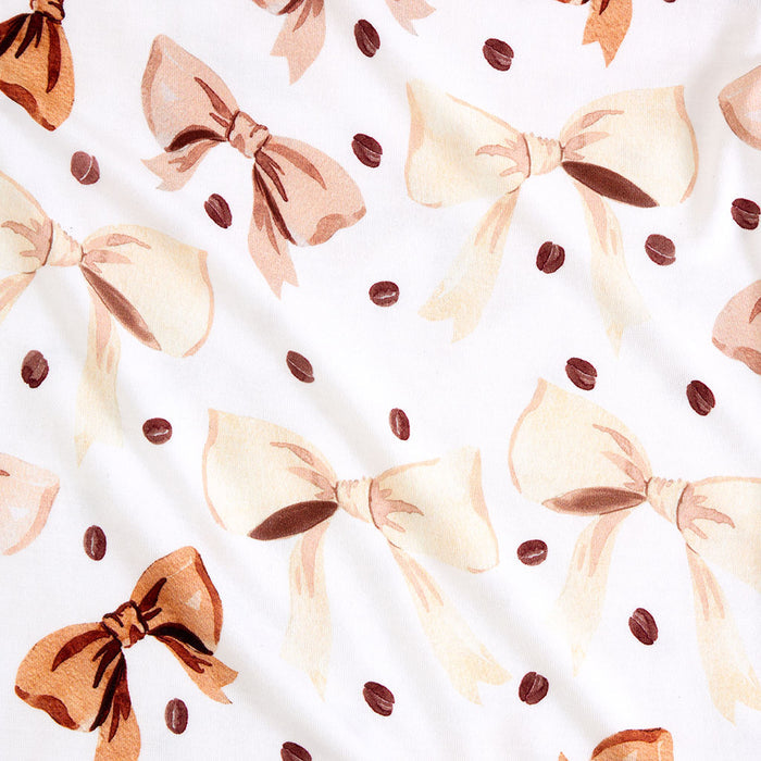 Pattern of watercolor bows and coffee beans on a white background