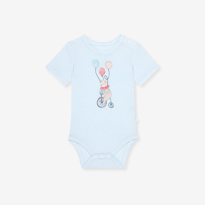 Light blue baby bodysuit with a printed design on a white background